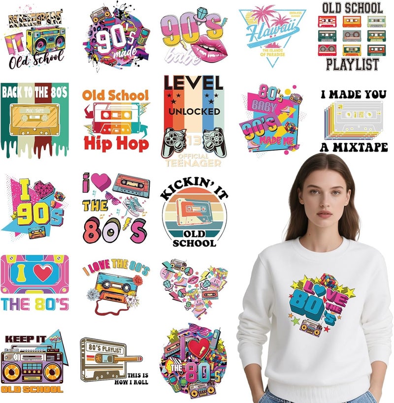 Shejdgart Dtf Transfers Ready to Press - 20 Pcs Back to 80s 90s Theme Iron on Patches for T-Shirts, Vintage Radio Heat Transfer Designs Vinyl Stickers, Iron on Decals for DIY Clothes Bag Fabric - Image 1
